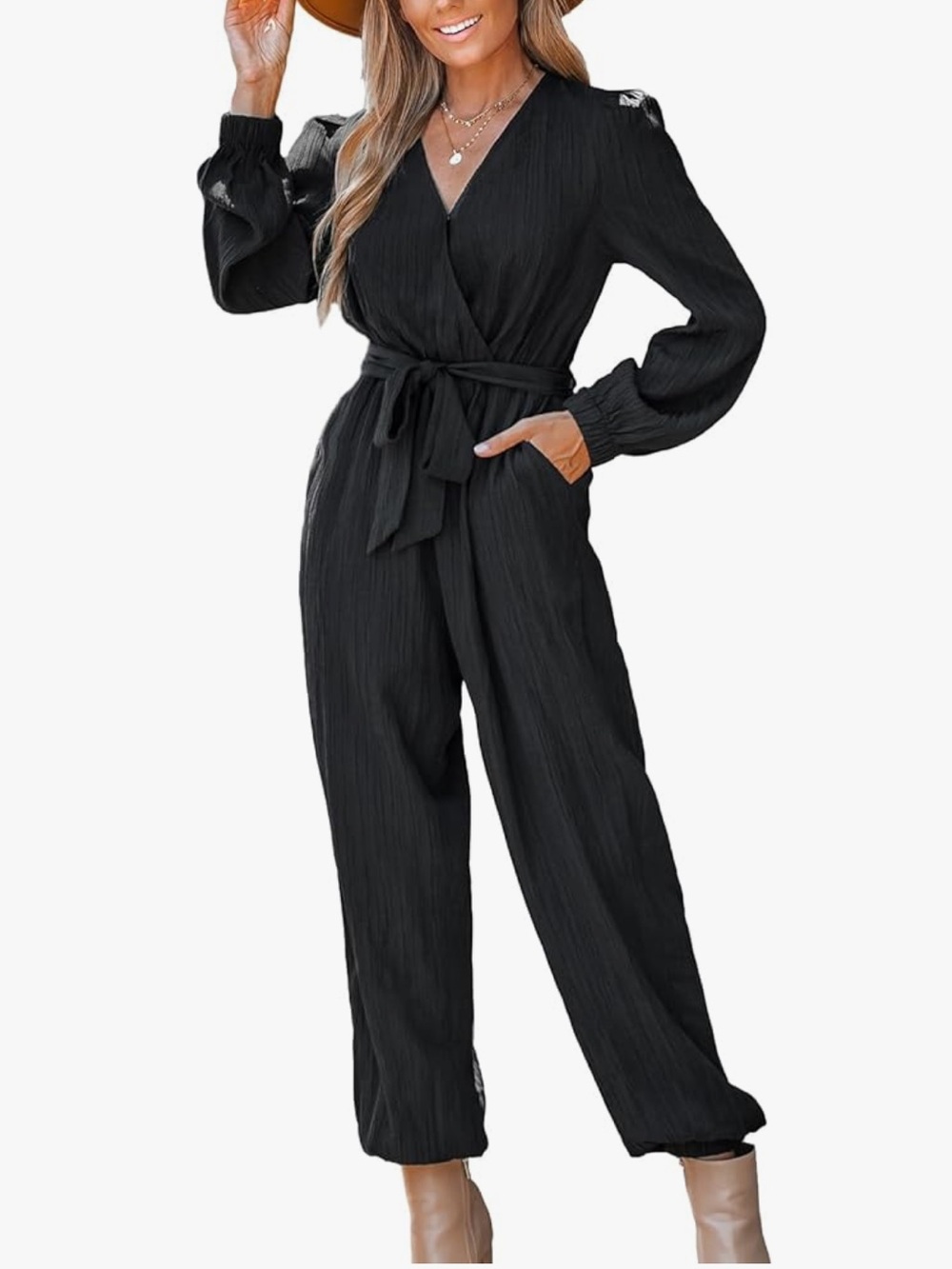 Cupshe Black Pleated Long Sleeve Belted Surplice Jogger Jumpsuit Size XL